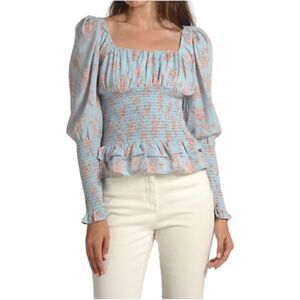 Cistar 90112 Blue Pink Floral Print Square Neck Smocked Top Women's Large